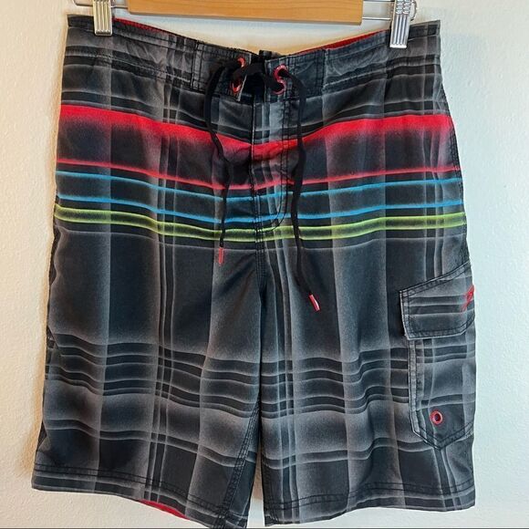 Speedo Men's Small Swim Trunks Board Shorts Mesh Brief Pockets Black Red Plaid - Picture 1 of 5